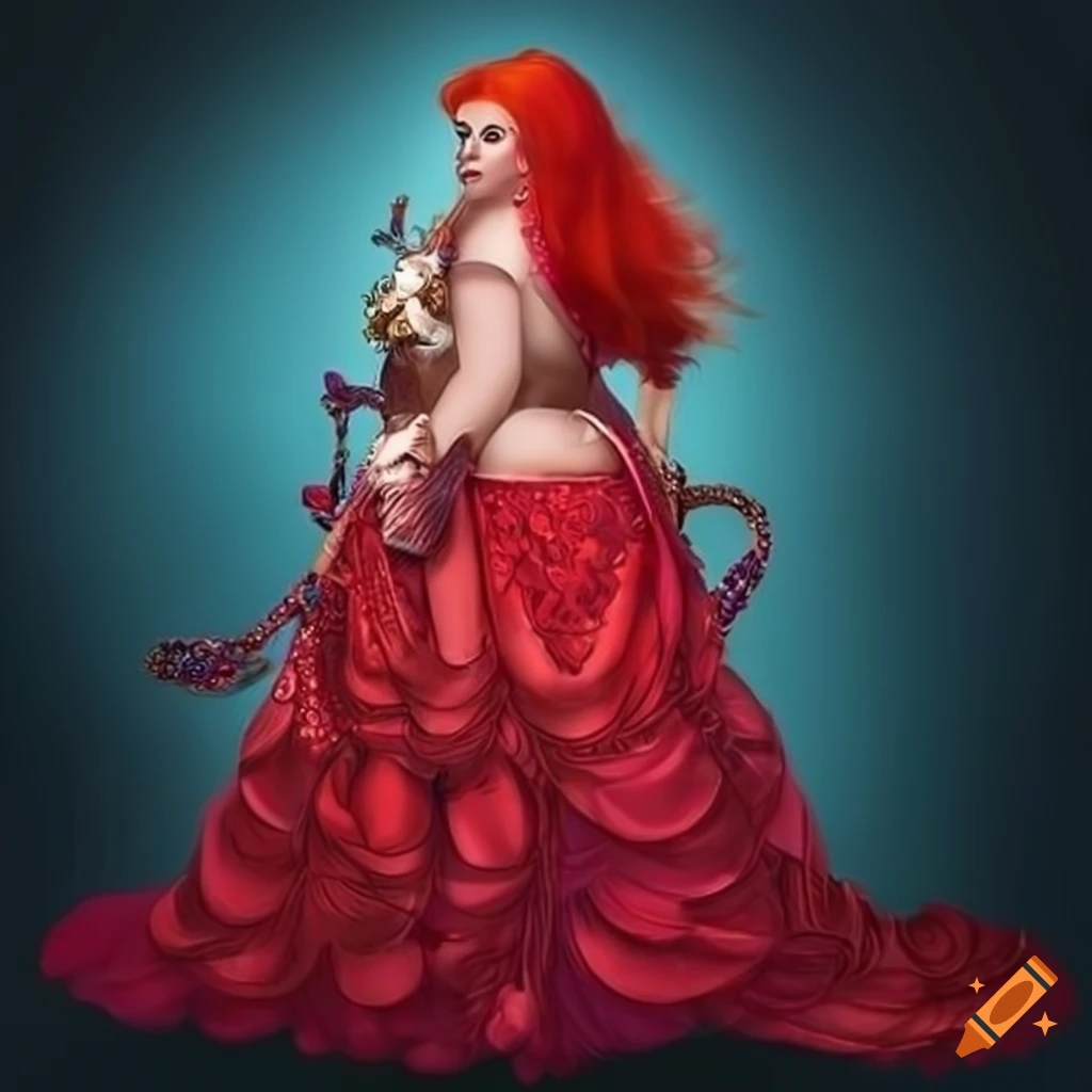 Plus-size rubenesque anthropomorphic lioness with long red hair, wearing elaborate elegant ball gown and intricate jewellery, fantasy art