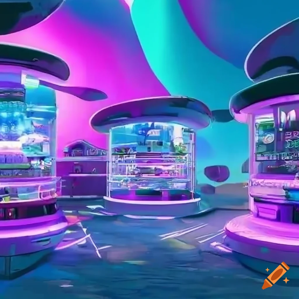 A futuristic outdoor vending machine park with vibrant anime visuals on ...