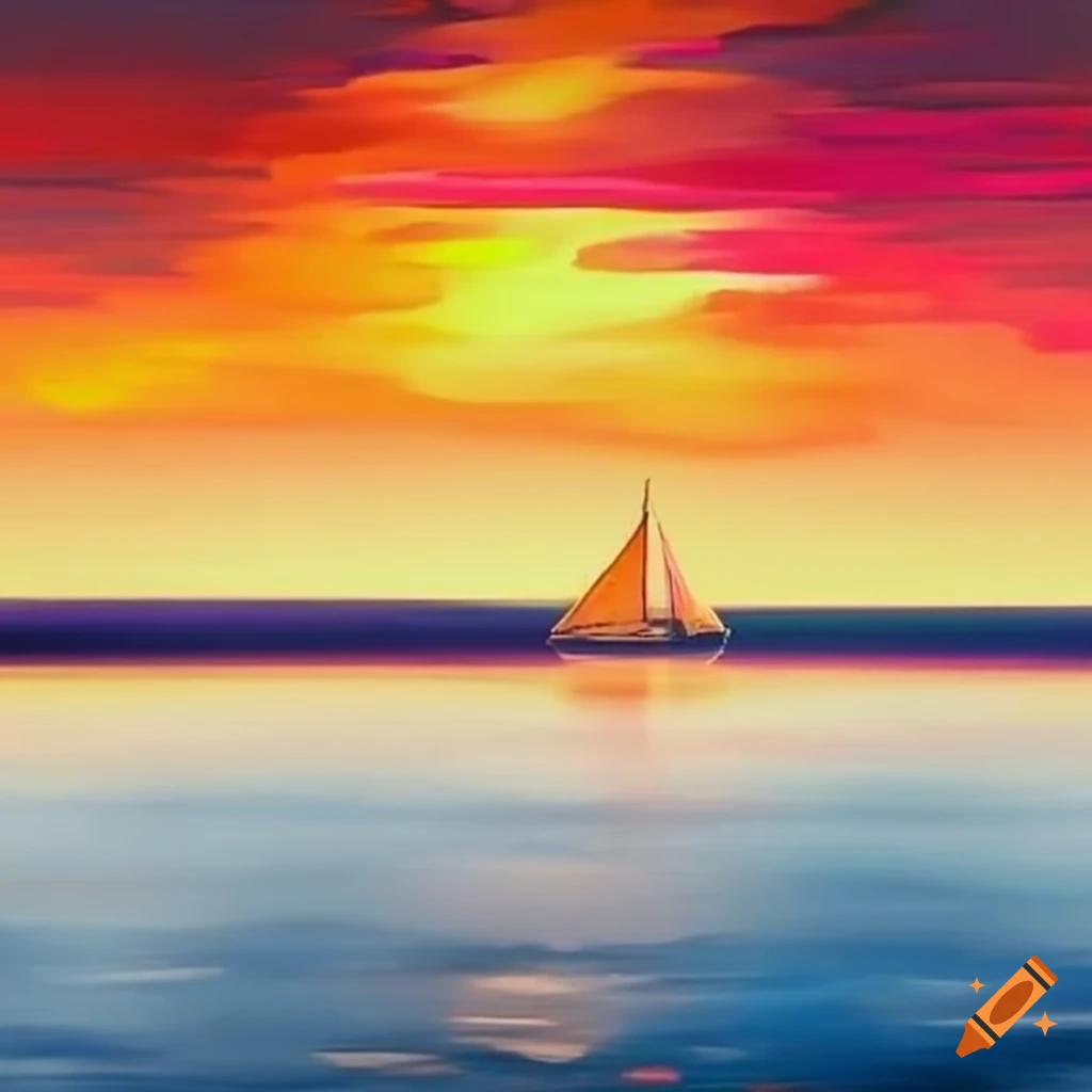 Vibrant sunset reflecting over the calm sea with a distant sailboat on ...
