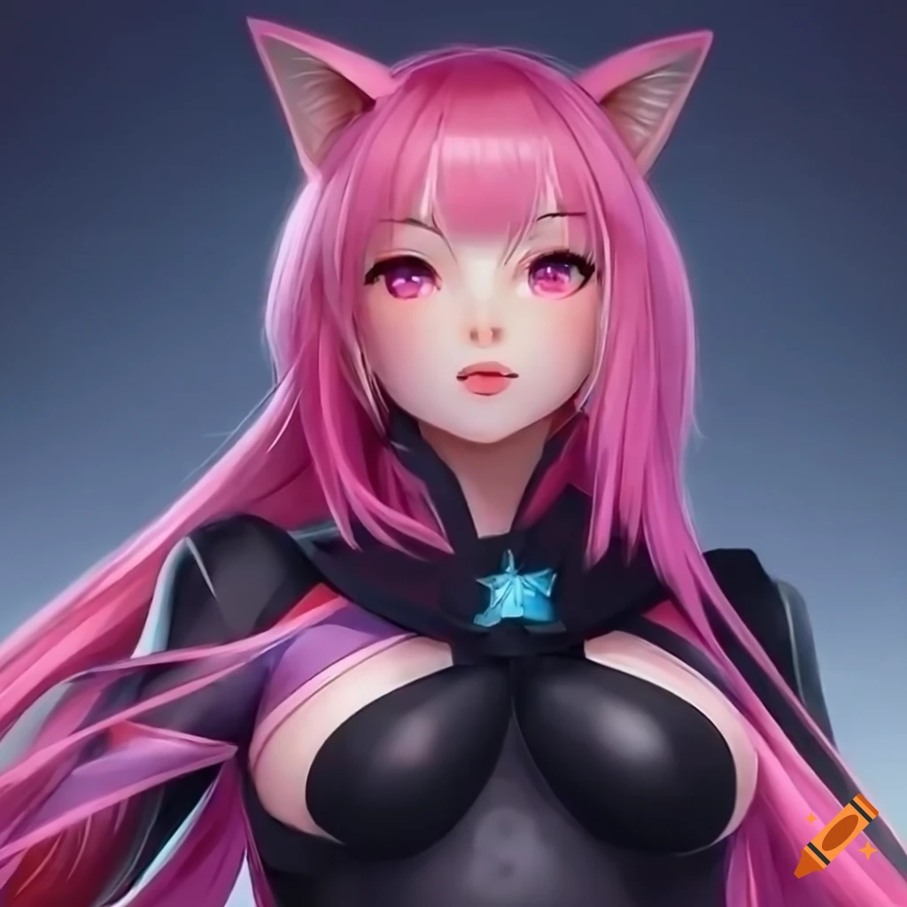 Portrait of mid body of cuttest cat girl with pink hair in anime art style,  art by sakimichan, trending on artstation, hd, 4k, delined art, anime  diffusion, cute anime eyes, perfect anatomy