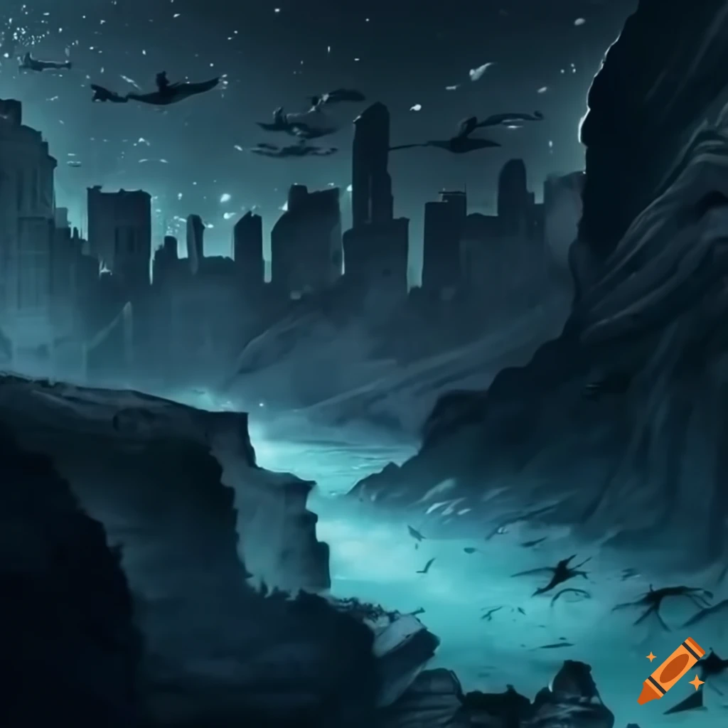 Underwater city at night with lights in a vast canyon on Craiyon