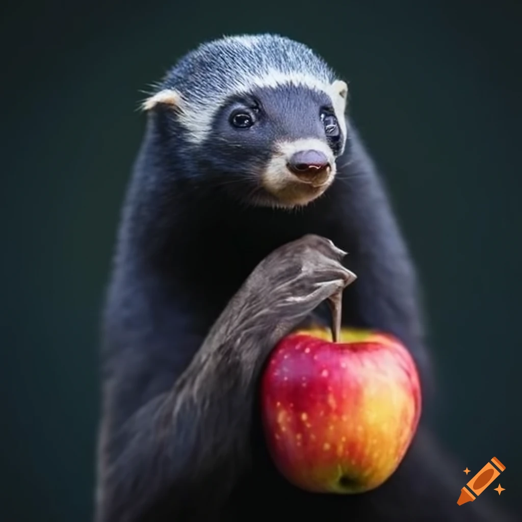 Blue honey badger obsessing over an apple