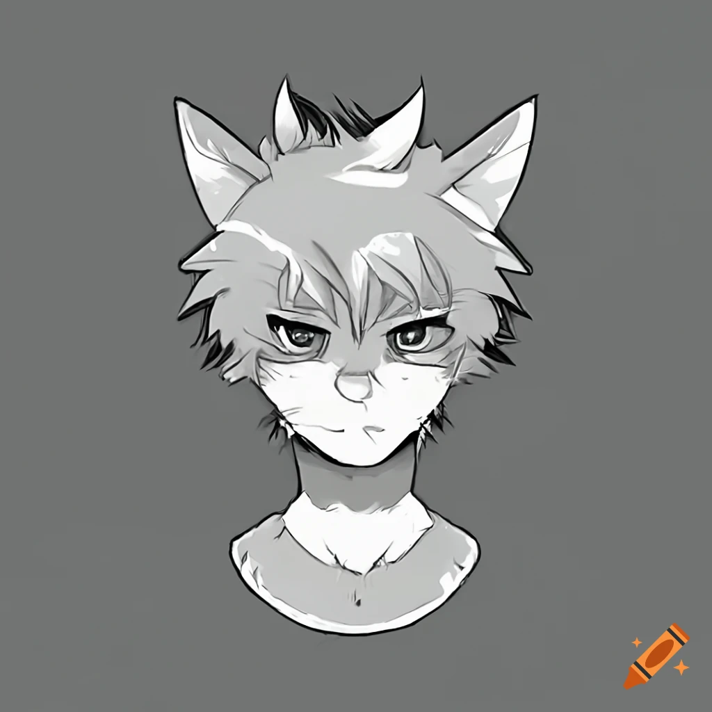 Anime grayscale male furry with short hair and black vintage anime eyes