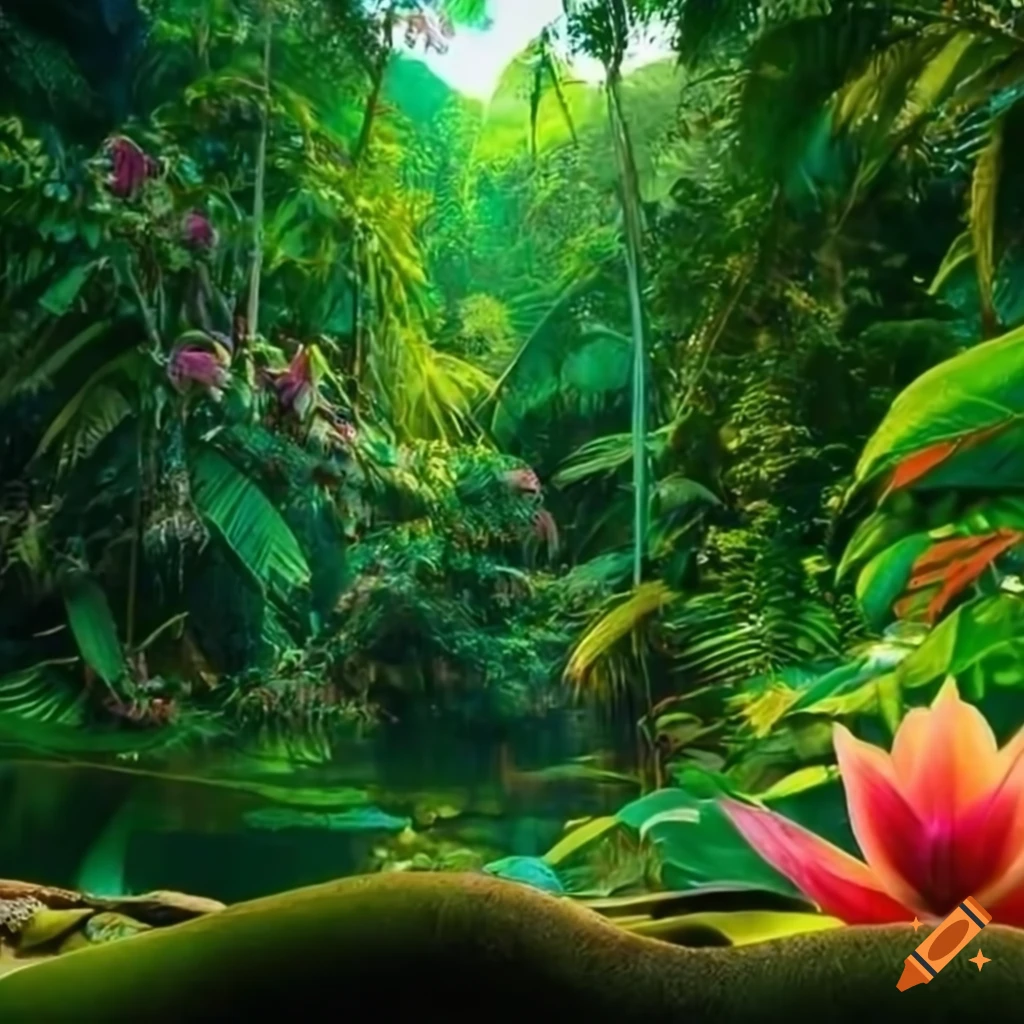 A jungle background with plants, flowers, and fruits, like the amazon ...