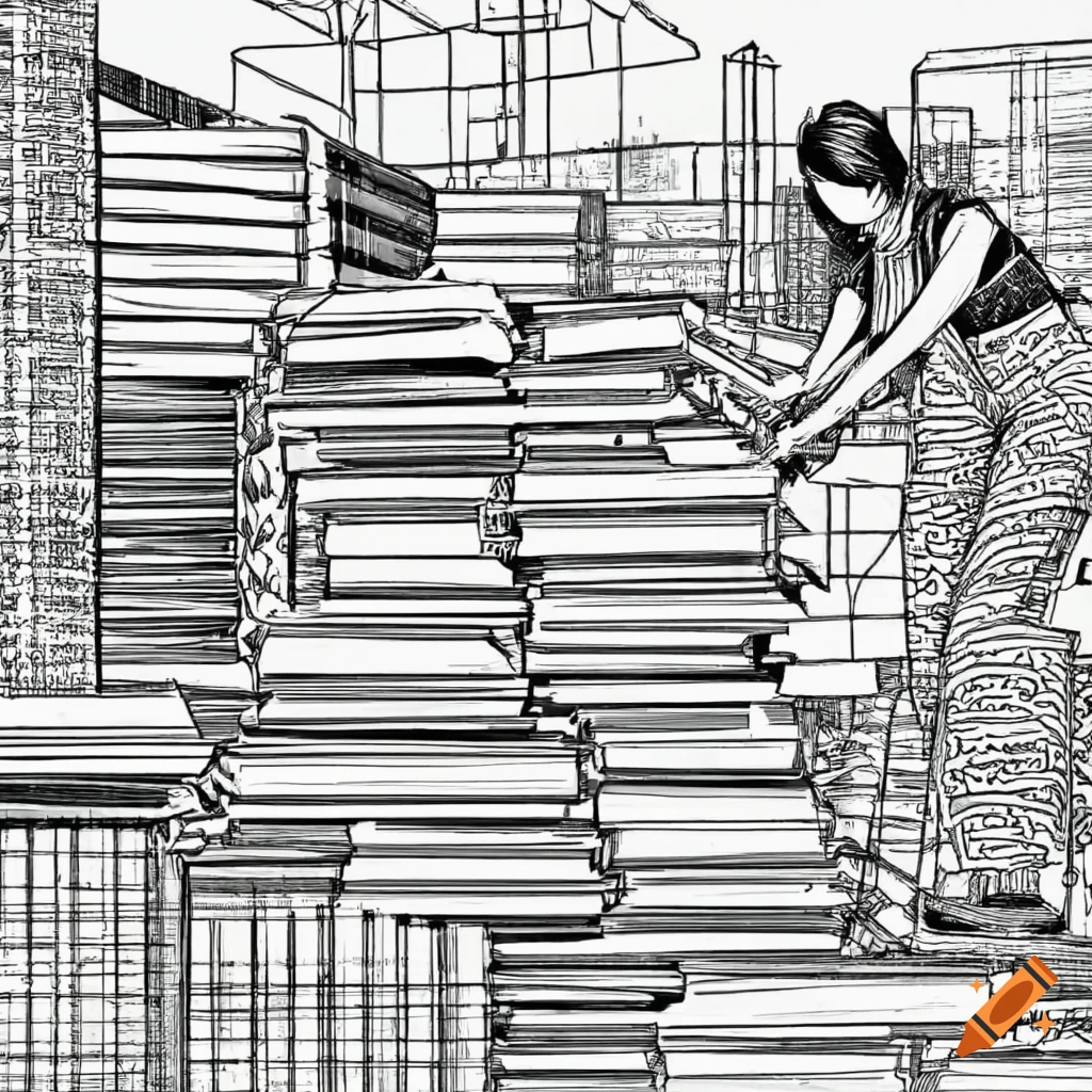 A woman piling books on a construction site, intricate illustration line art,  detailed black and white ink pen on Craiyon