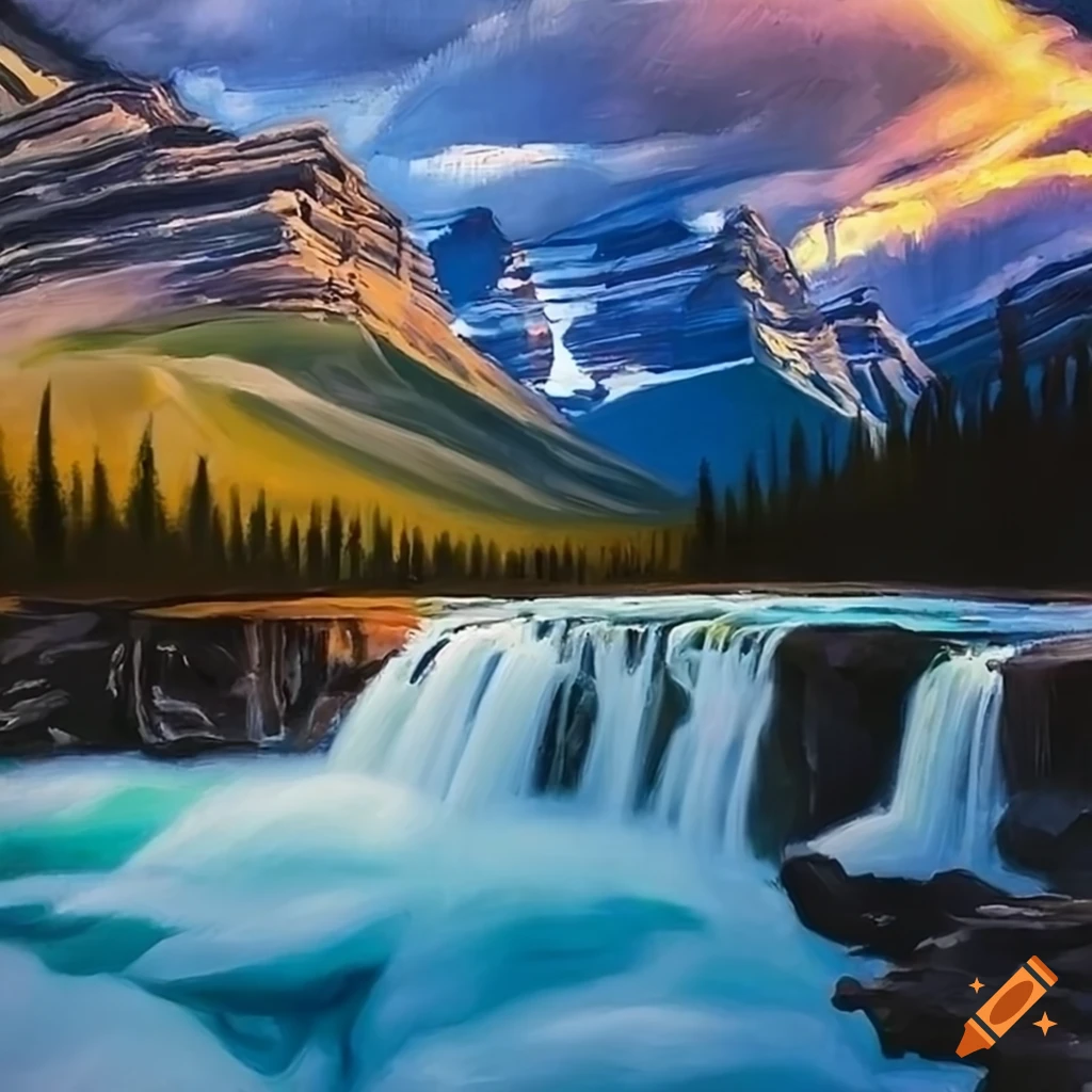 Painting of athabasca falls in alberta canada