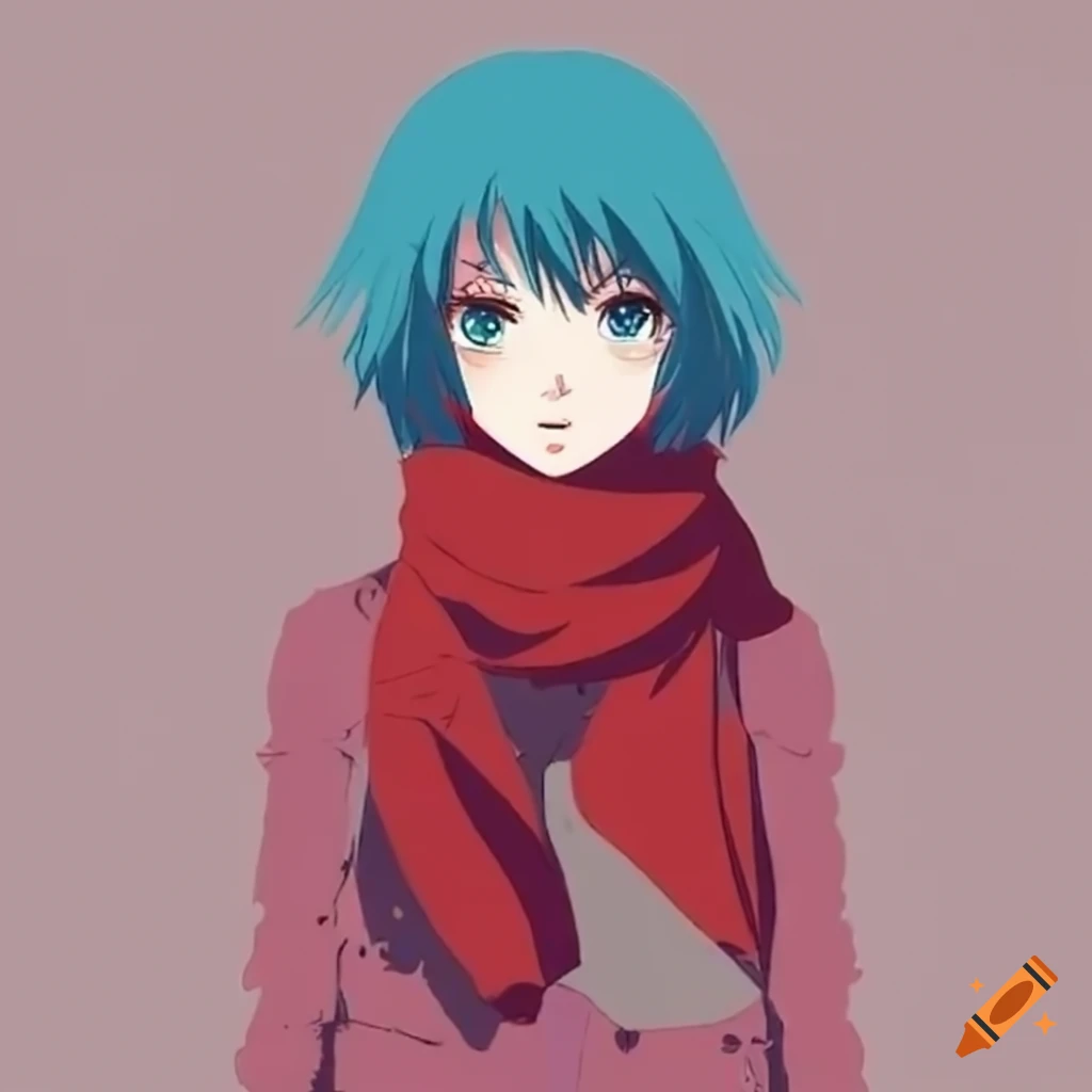 Anime girl with blue hair and a red scarf skateboarding