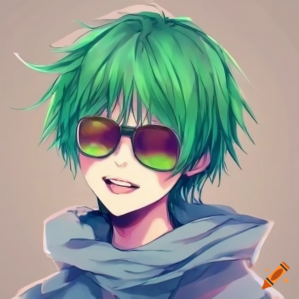 Cute Anime Boy With Green Hair And Cool Sunglasses 2310