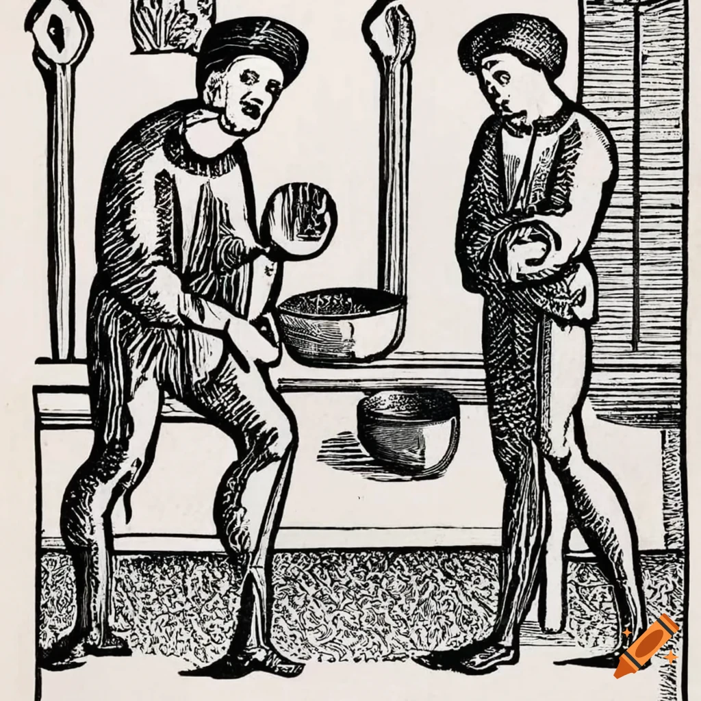 Two young male medieval servants with bowls cuts in tight pants in a medieval feast hall