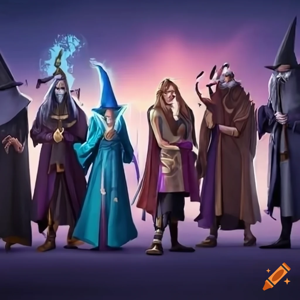 Create a photo of a group of wizards standing together and discussing