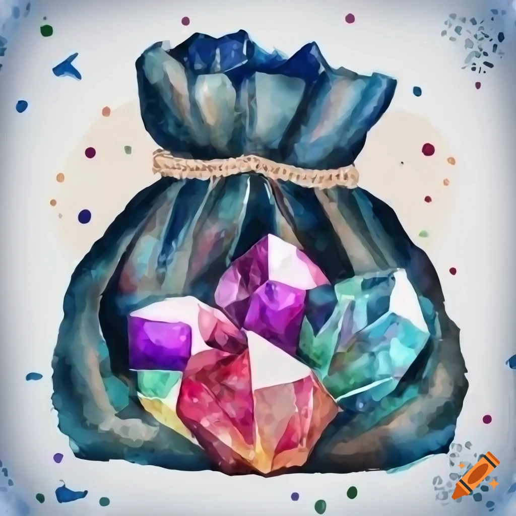 Illustration of a bag filled with shiny crystals, white background, many small  crystals on Craiyon
