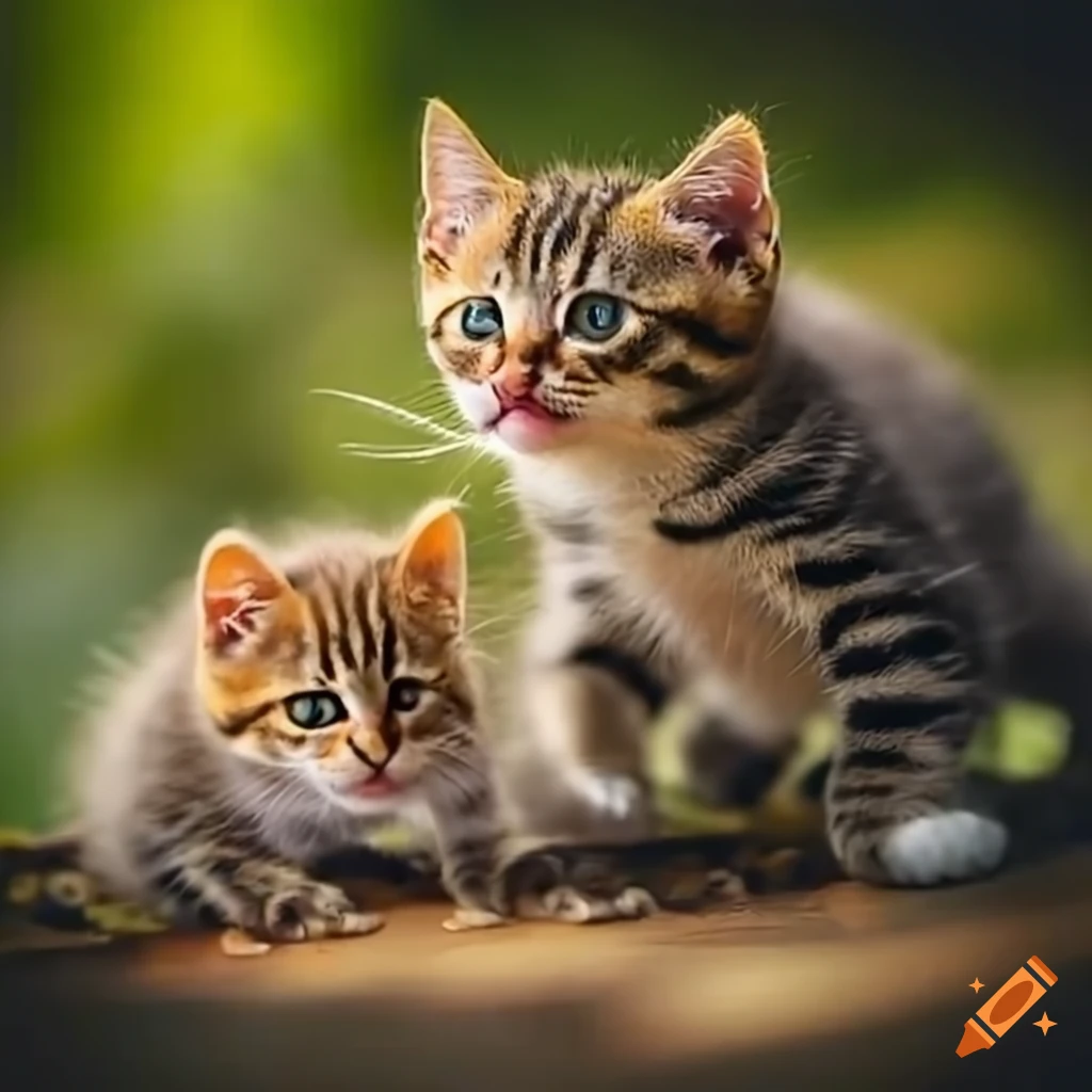 Five kittens playing with frog under the sun in a forest on Craiyon