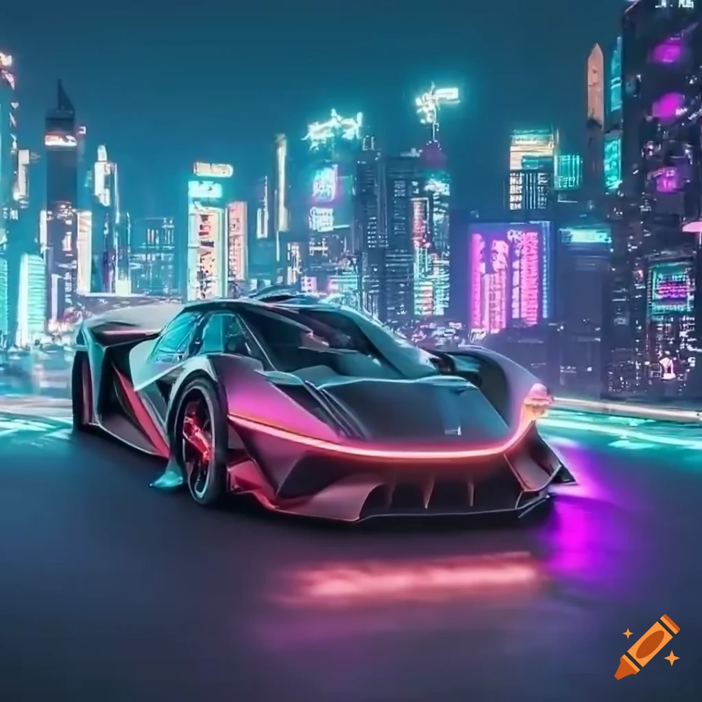 Flawless defined hypercar in futuristic cyberpunk cityscape dynamic