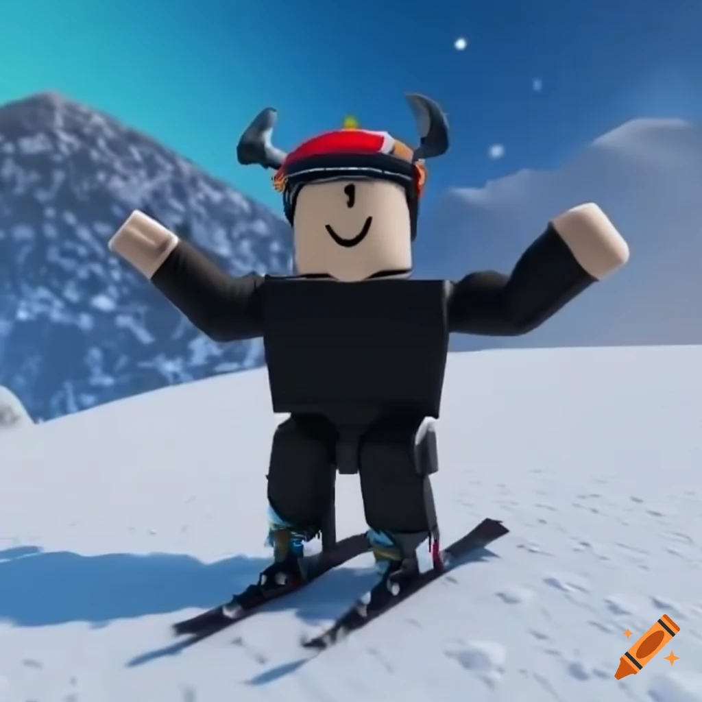 Roblox character skiing on a snowy slope with excitement