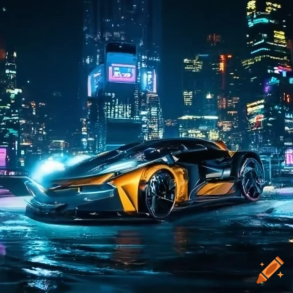 Flawless defined hypercar in futuristic cyberpunk cityscape dynamic