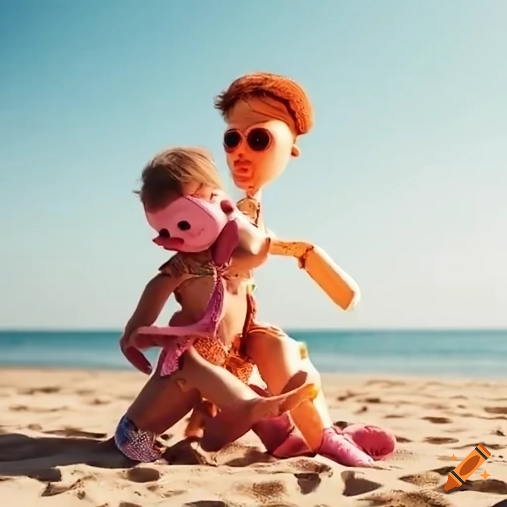 A puppet playing with a child on a beach