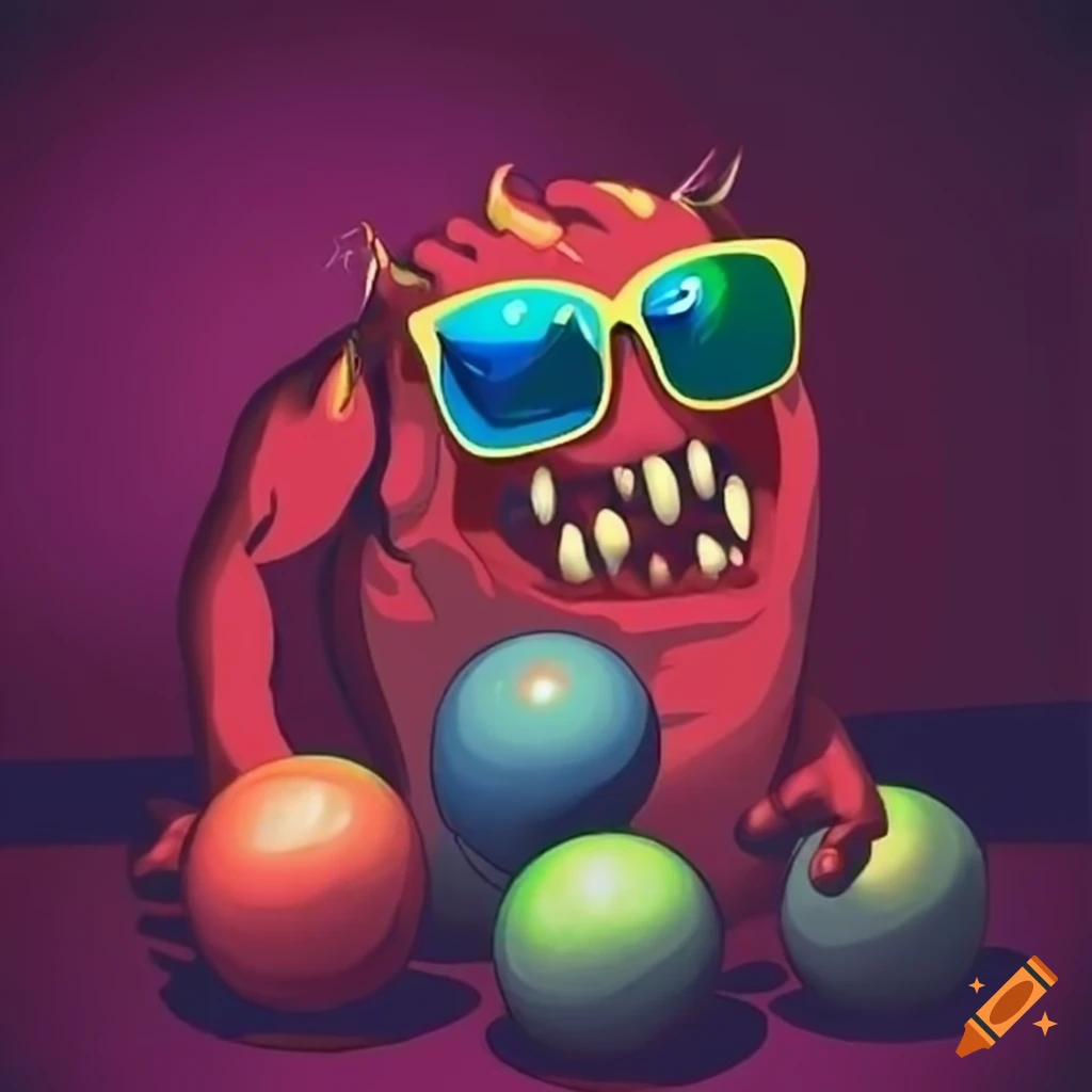 A monster with sunglasses enjoying a game of bowling on Craiyon