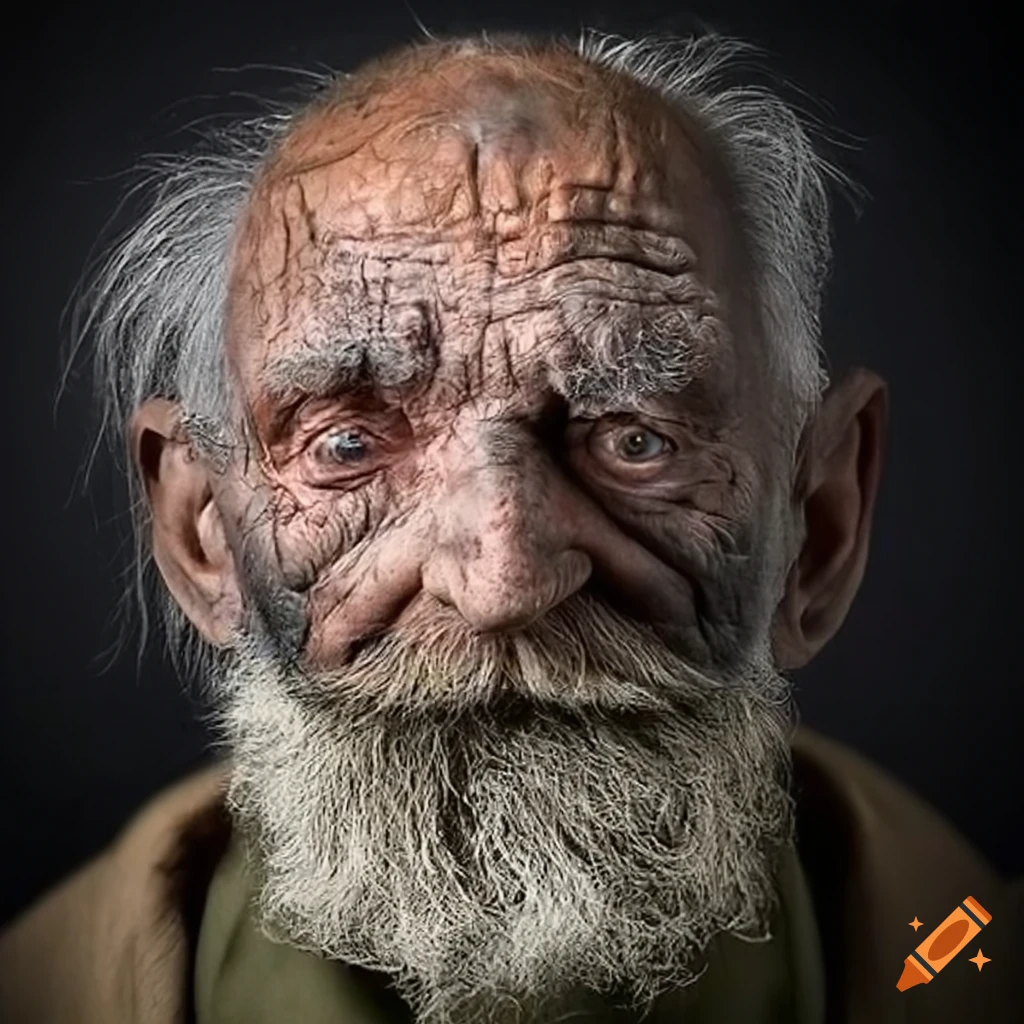 A hyper realistic photo of an old man whose face is filthy, covered in ...
