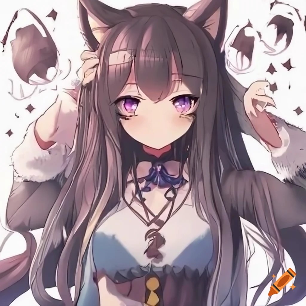 anime style, a closeup of a cartoon of a woman with wolf ears and tail,  with wolf tail, with wolf ears, girl design - SeaArt AI