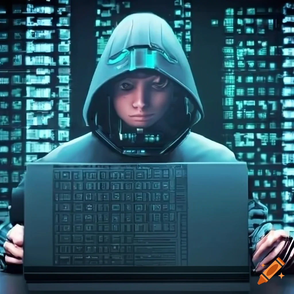 A person in a futuristic outfit engaging in advanced computer hacking