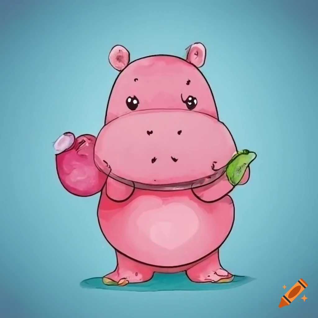 Cute Little Hippo, Lattes and Donuts, Pink and Blue Illustration