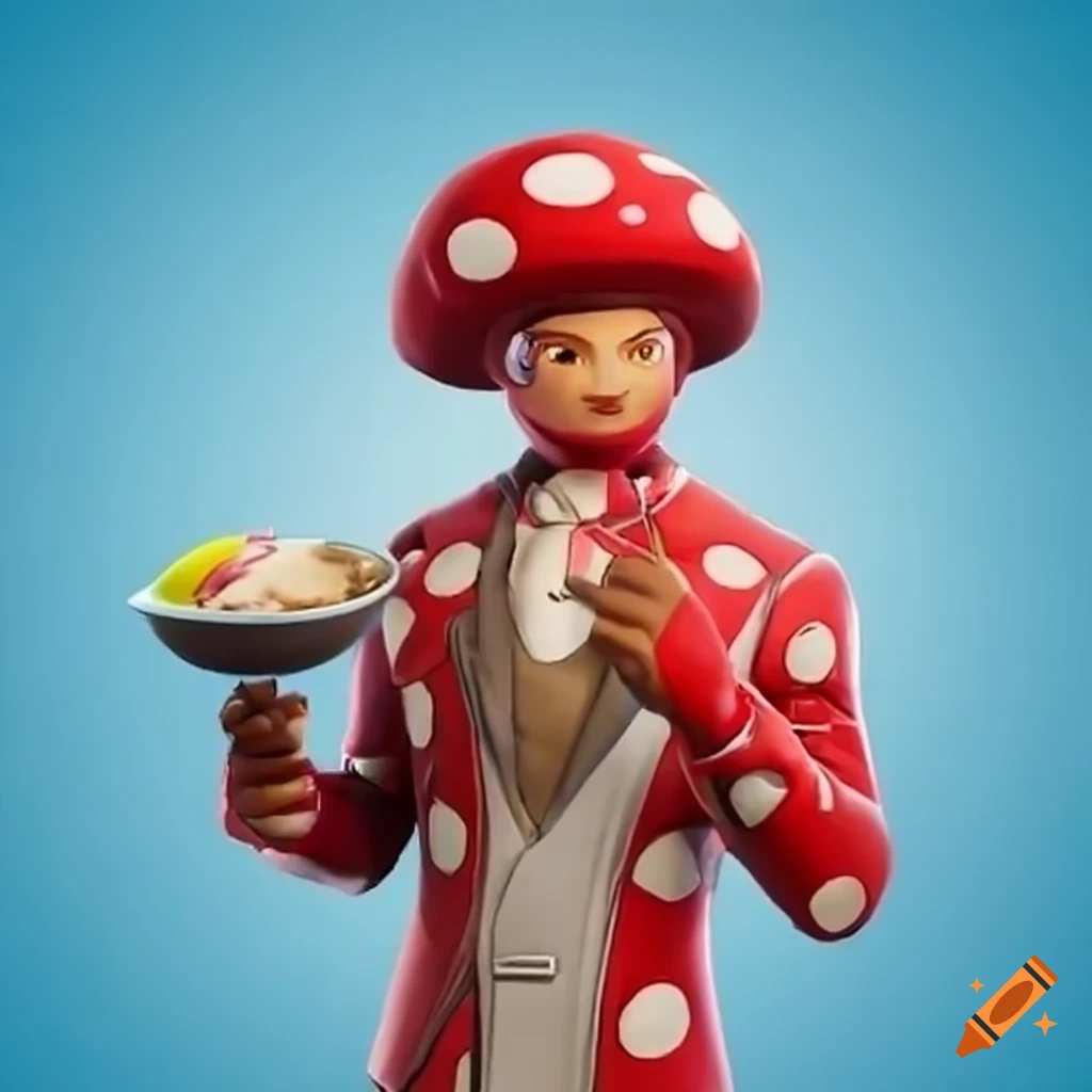 Character In A Mushroom Suit From Fortnite Enjoying A Bowl Of Soup