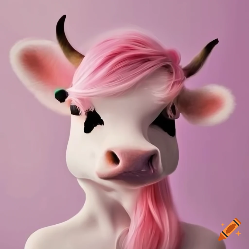 A graceful anthropomorphic cow with pastel pink hair in a serene