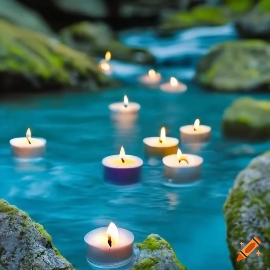 Many tea candles many tea candles floating down an electric blue stream  with moss covered rocks at it shore on Craiyon