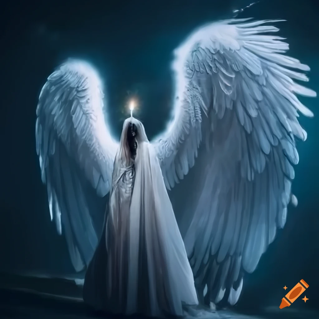 An angel male thin with big wings dressed in a himation long white hair ...