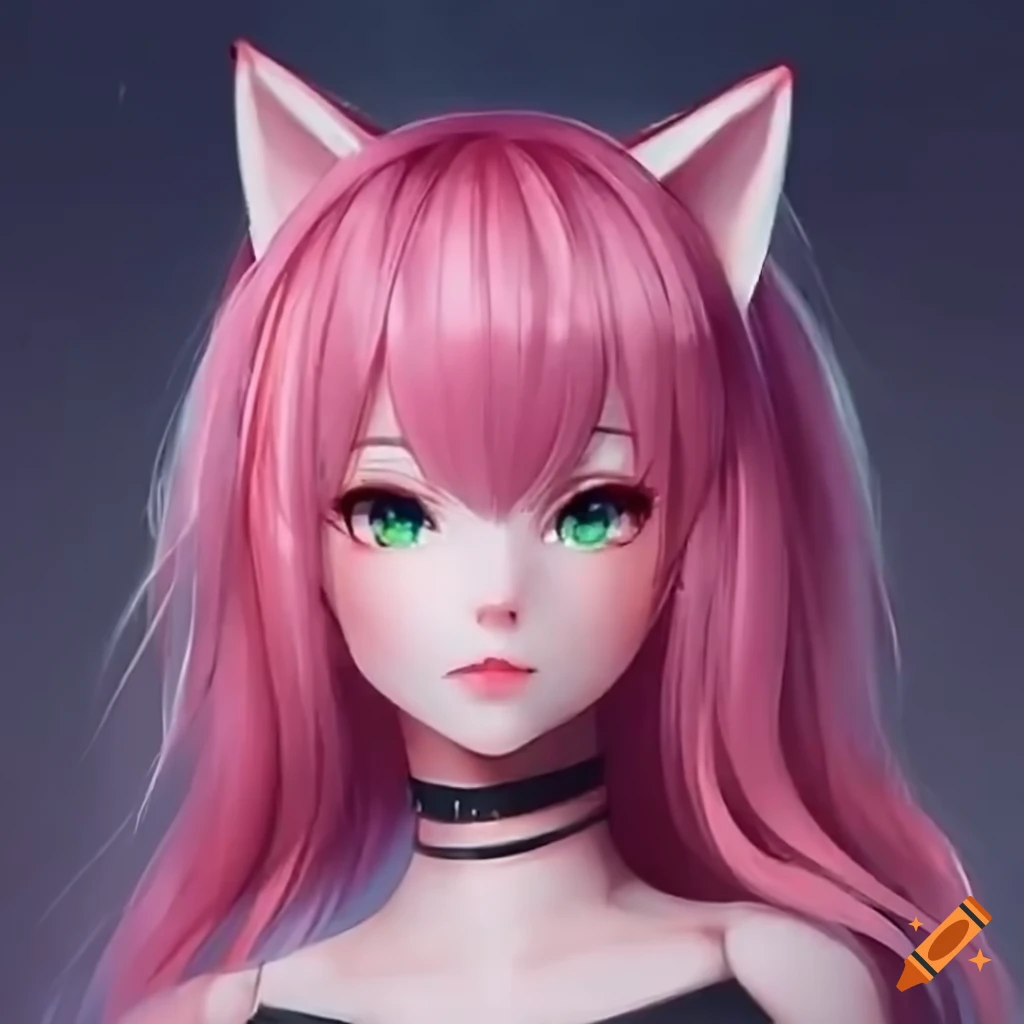 Portrait of mid body of cuttest cat girl with pink hair in anime art style,  art by sakimichan, trending on artstation, hd, 4k, delined art, anime  diffusion, cute anime eyes, perfect anatomy