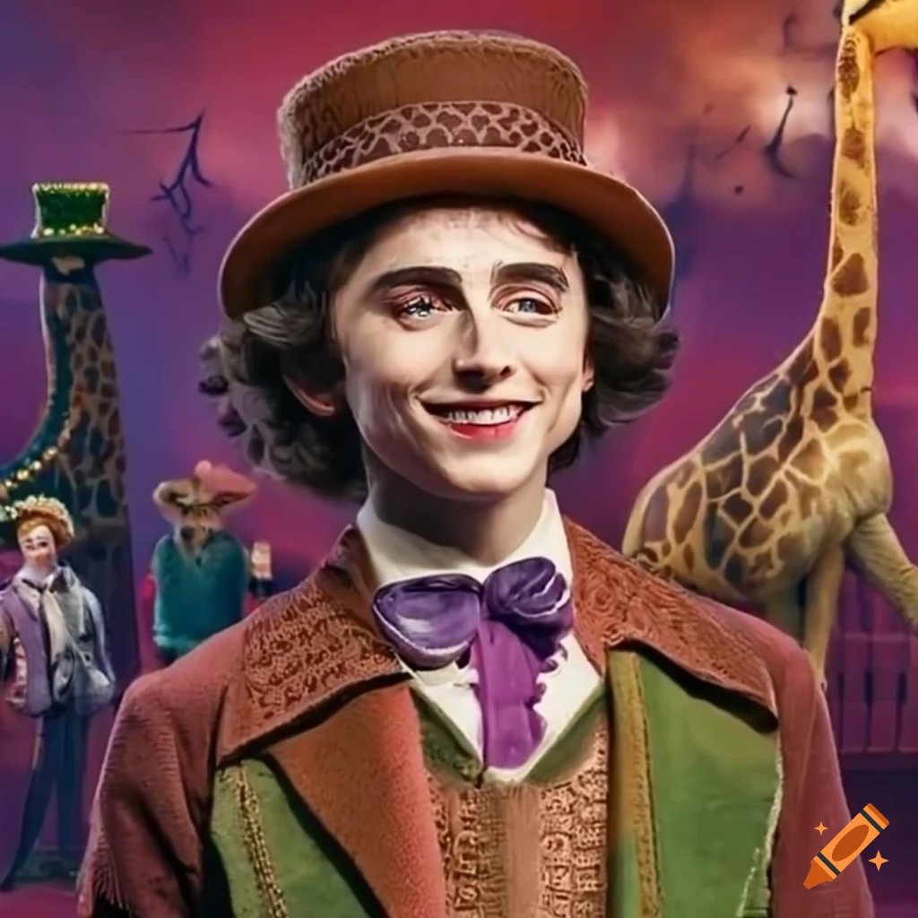 Thimothee Chalamet as Willy Wonka in a fairground with a giraffe