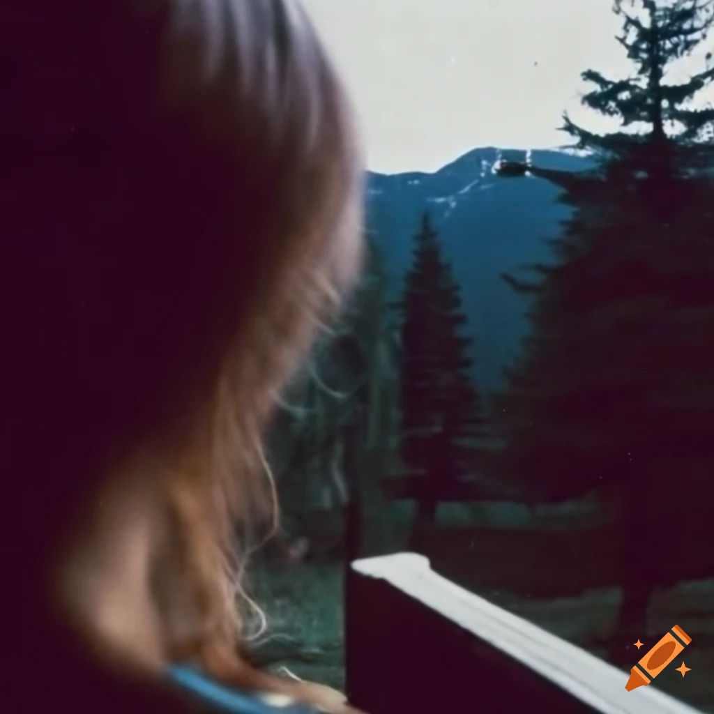back view of woman running out of a cabin in 1980