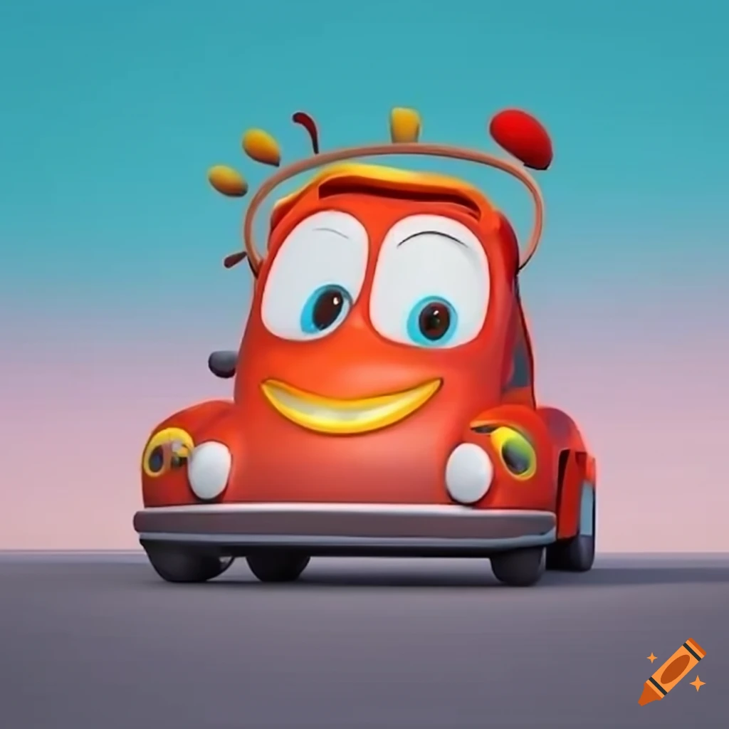 A kids road trip book on a road with a smiling cartoon car in a cgi ...