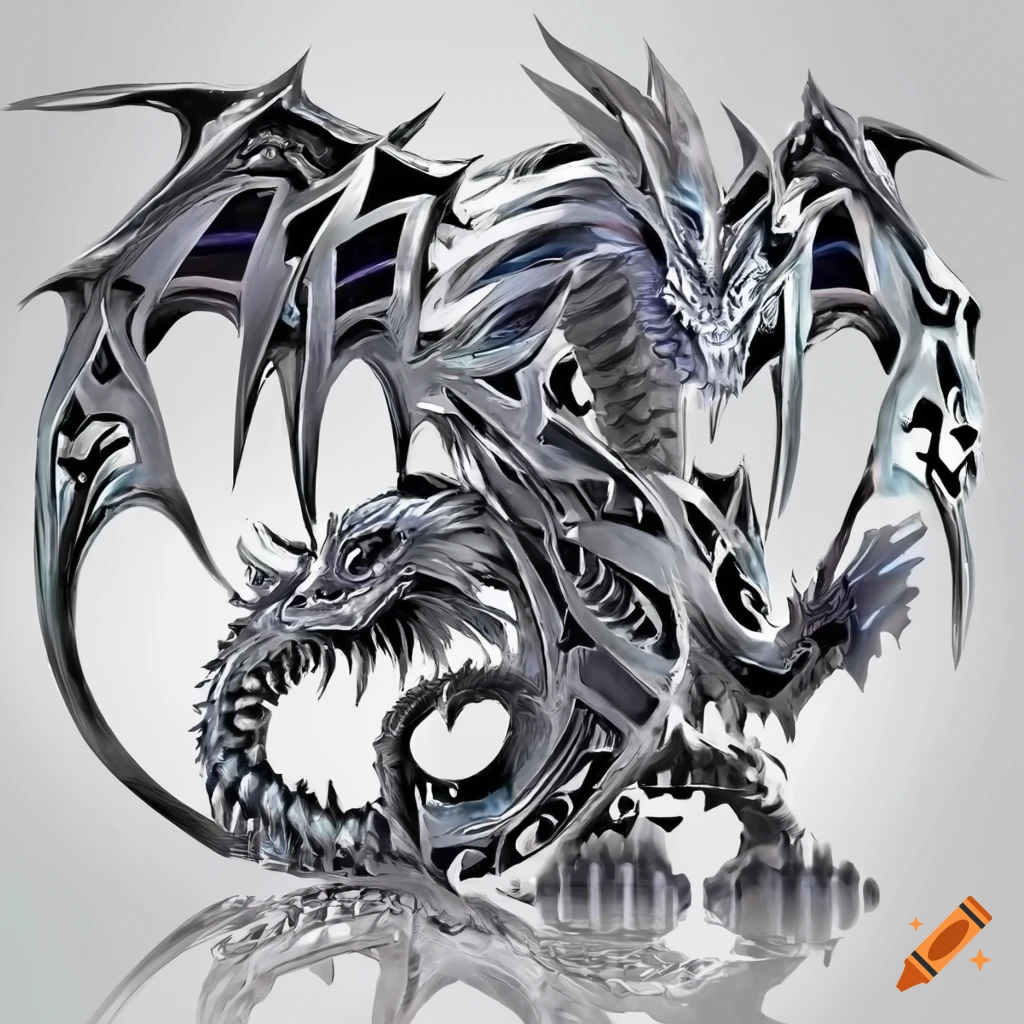 Silver metallic dragon cyber tribal style with cyber tribal