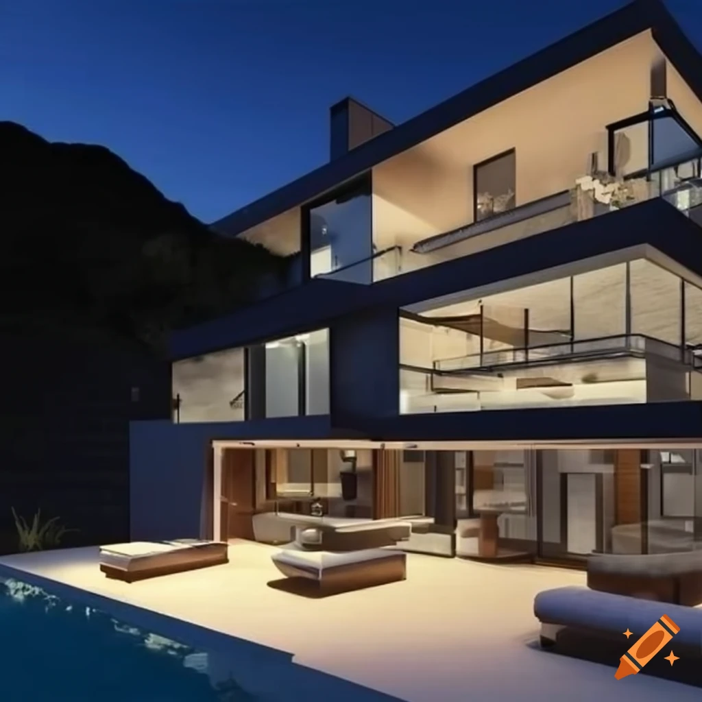 3d interior rendering of a modern hillside home in beautiful lighting