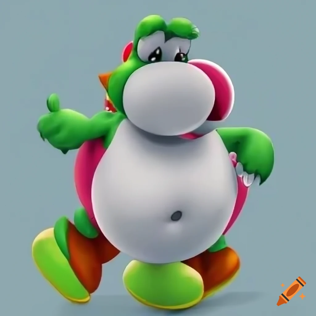Cartoon illustration of a plump yoshi with a very deep belly button on  Craiyon