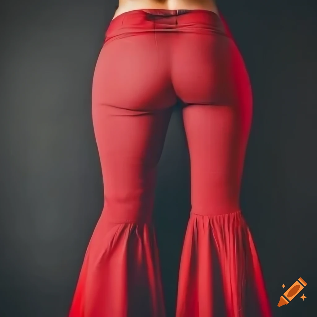 Woman wearing black and red flared pants, large hips, close up