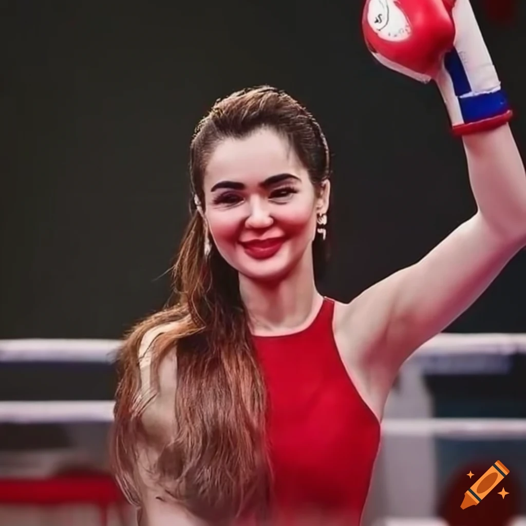 Hania amir boxing, detailed picture, red outfit, boxing ring, realistic