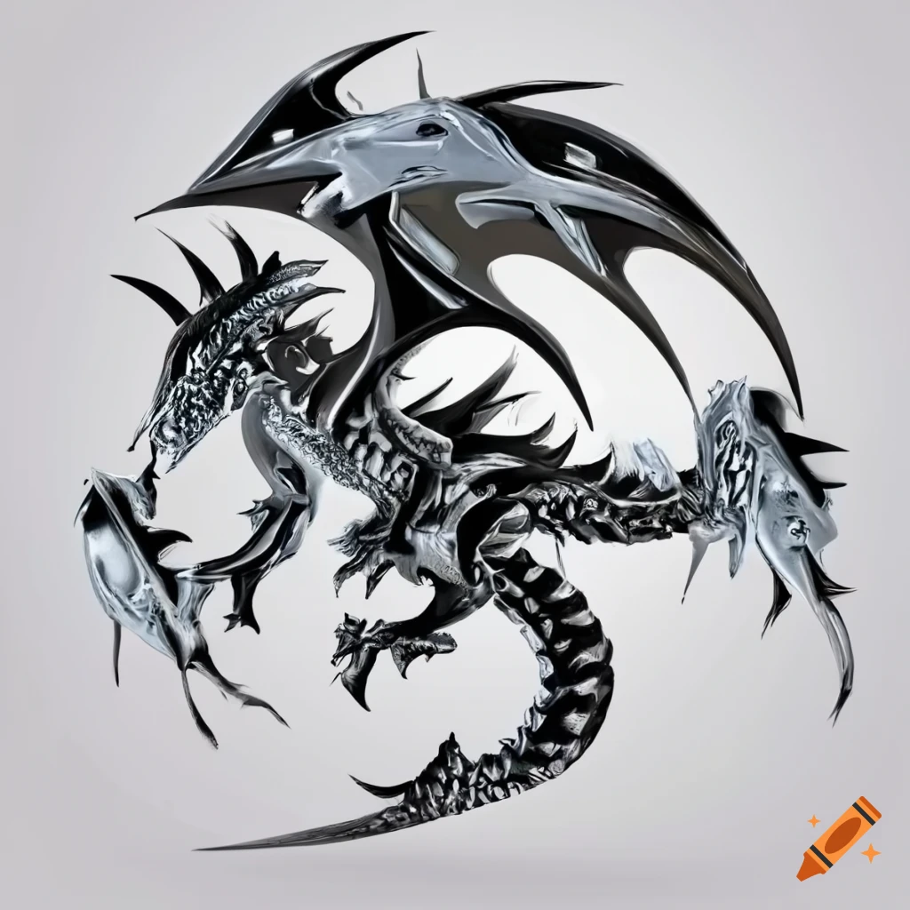 Silver metallic dragon cyber tribal style with cyber tribal