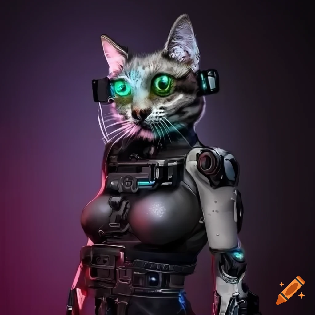 An anthro cat-cyborg posing for the camera with weapon, digital art on ...