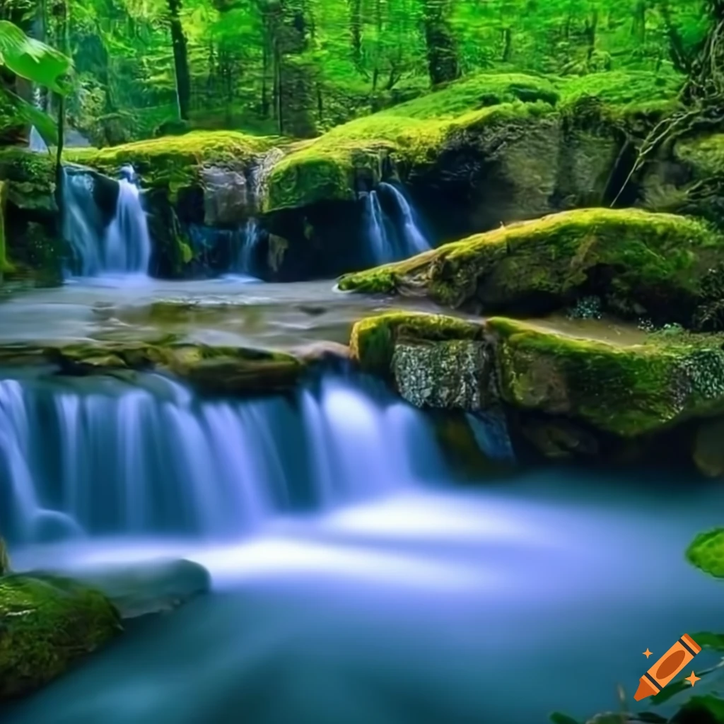32bit, hd quality images of a peaceful waterfall surrounded by nature