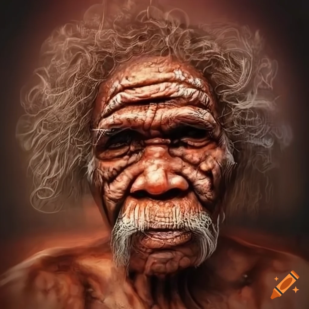 Australian aboriginal elder in dreamtime painted in the style of Beksinski