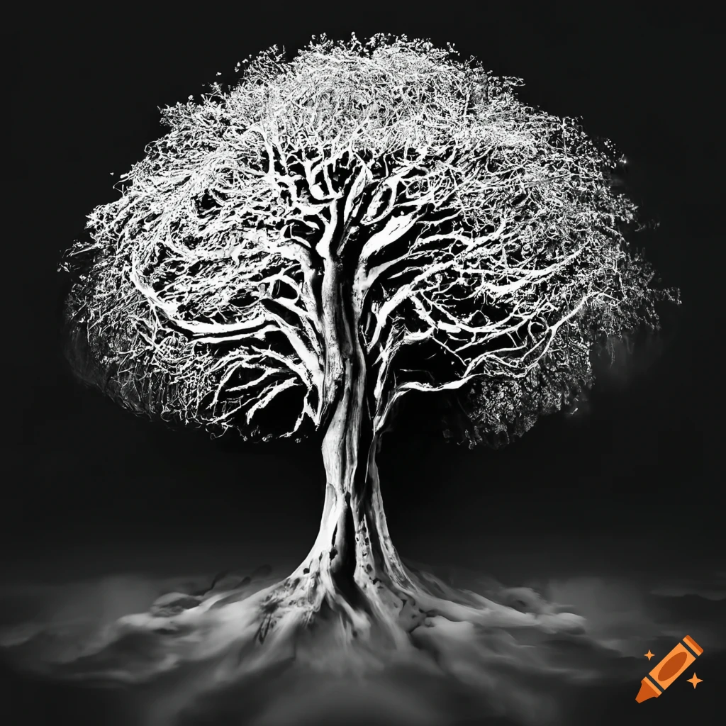 A mystical black and white tree