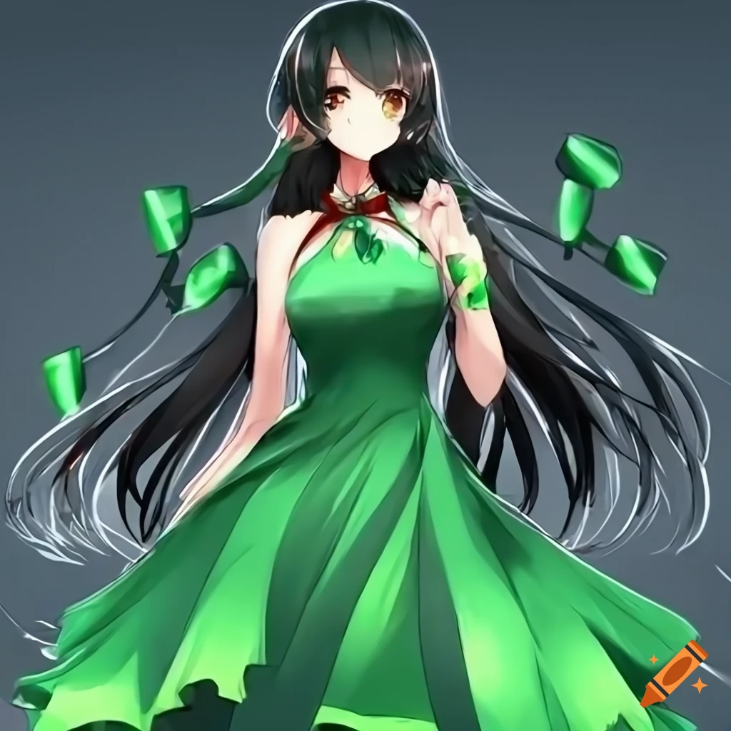 ANIME girl with brown eyes black hair and a green dress on Craiyon