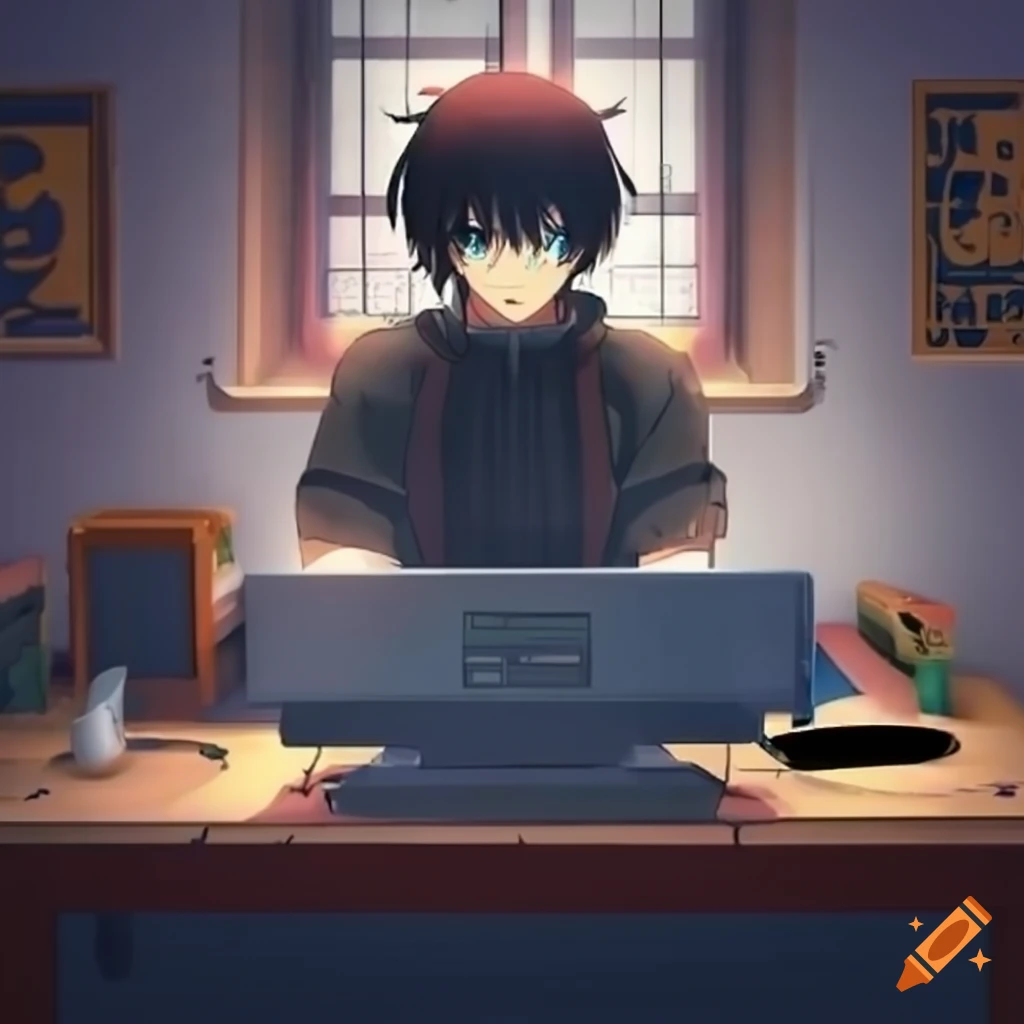 An anime bearded man programming on his desk, anime, sci-fi, sur... -  Arthub.ai