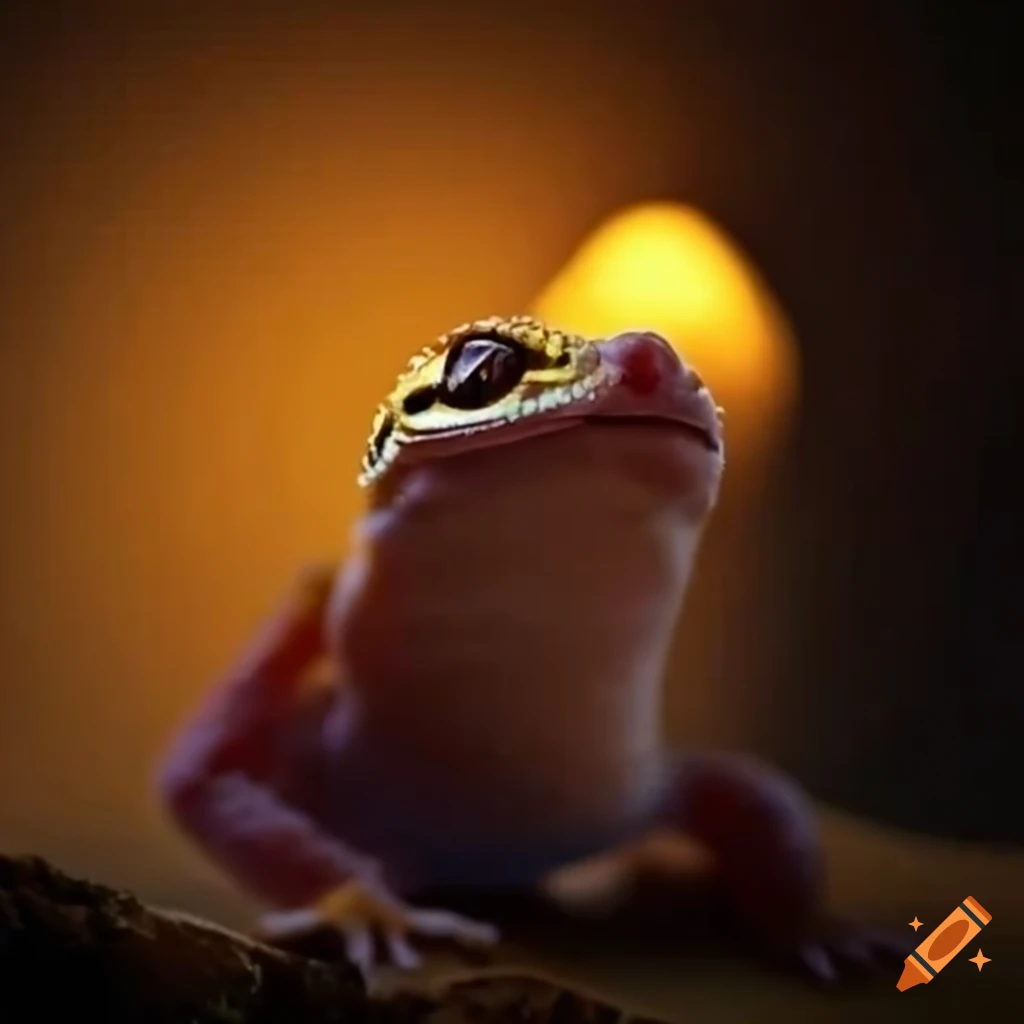 Realistic leopard gecko joyfully resting under a heat lamp