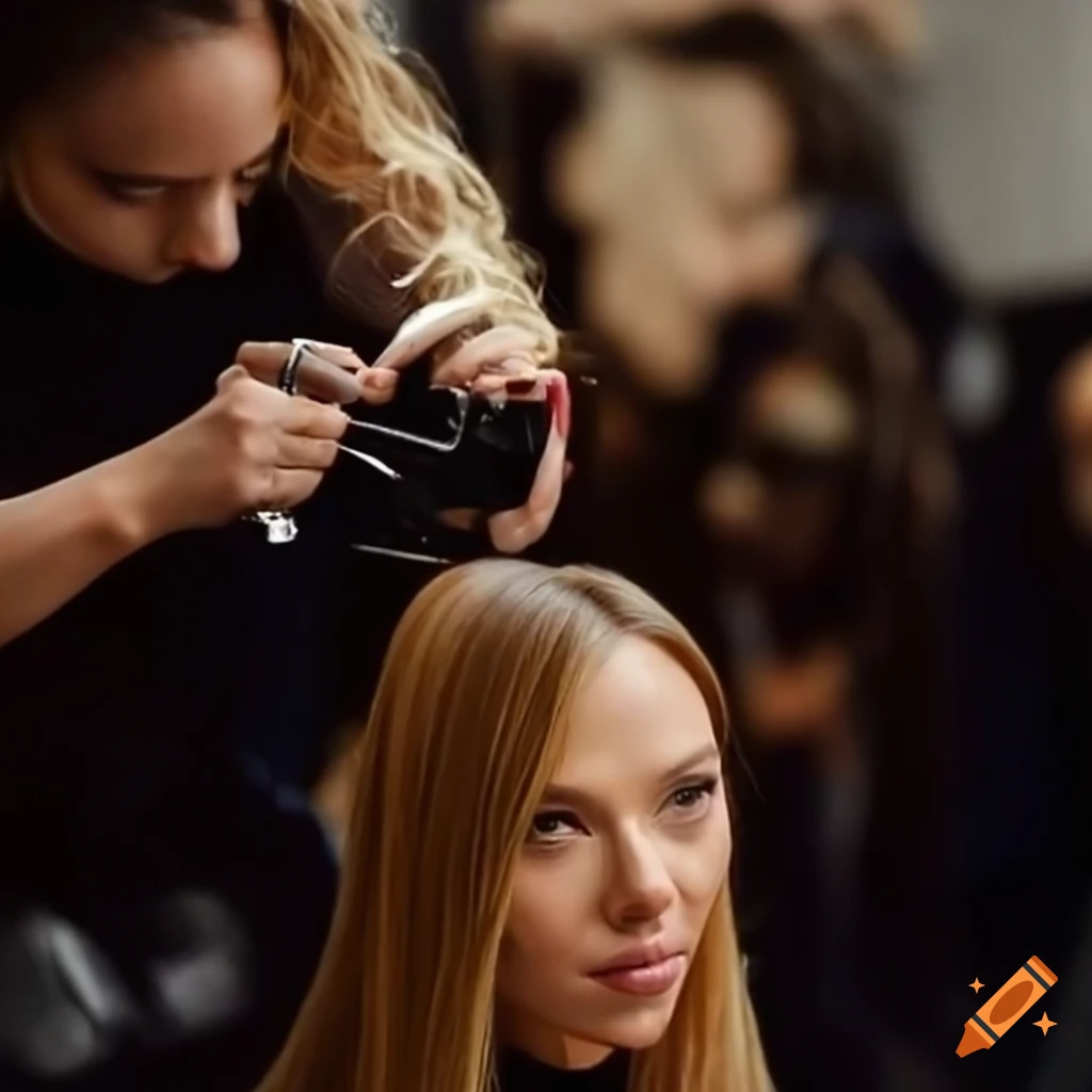 Scarlett johansson getting her long, straight hair trimmed by a stylist