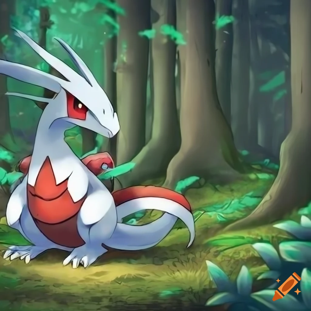 Pokemon picture dragon white and red in the forest