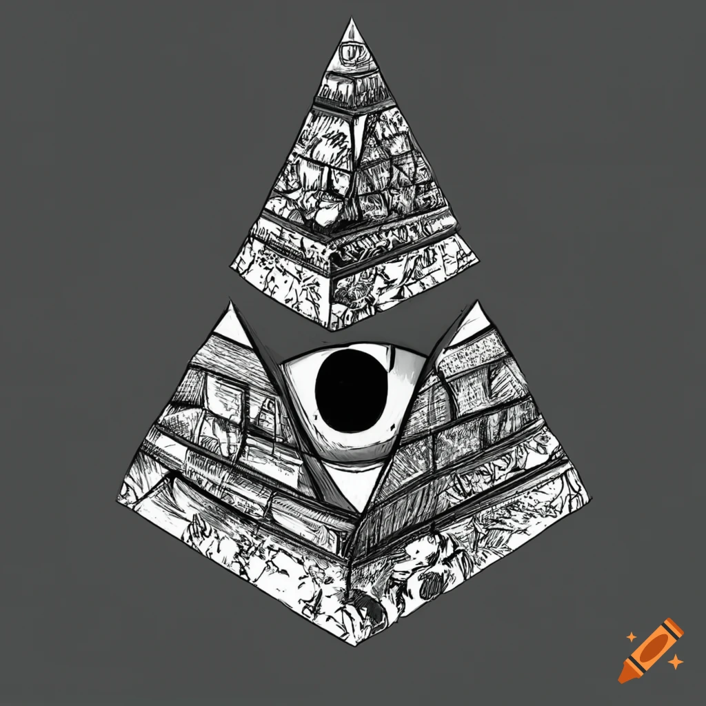 Manga-style a pyramid with an eye with anime character in black & white  color on Craiyon