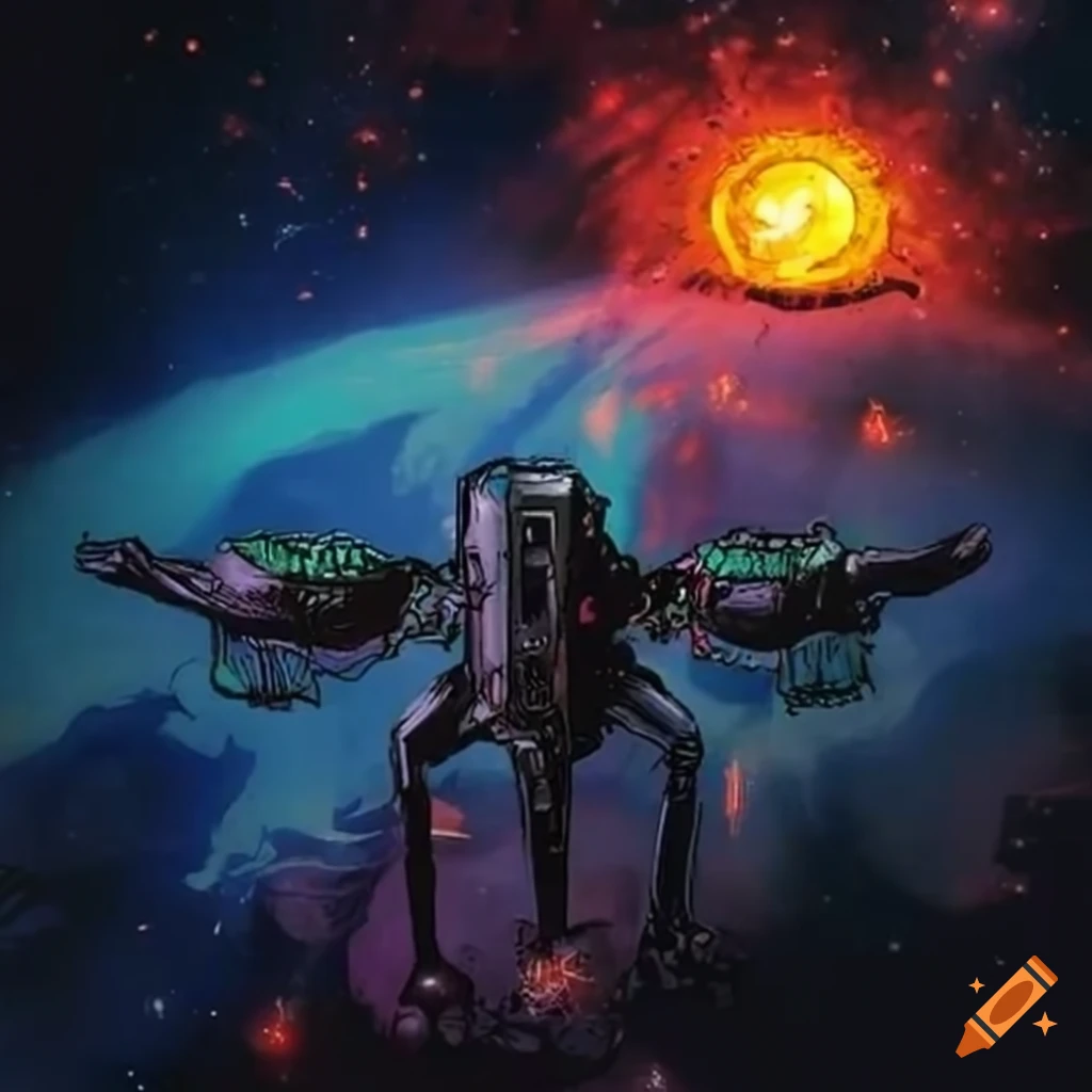 Alien spaceship Infront of a vibrant solar flare comic-book on Craiyon